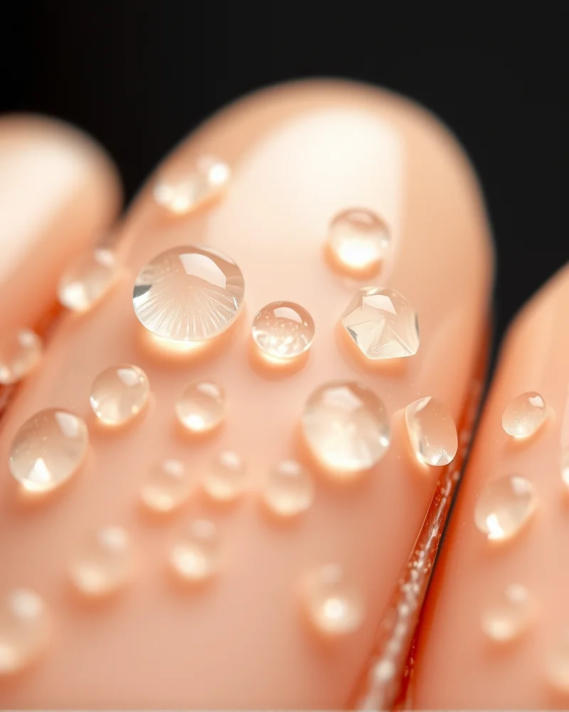 A macro shot of almond-shaped nails with a sheer nude base and realistic, raised 3D clear gel bubbles mimicking morning dew drops.