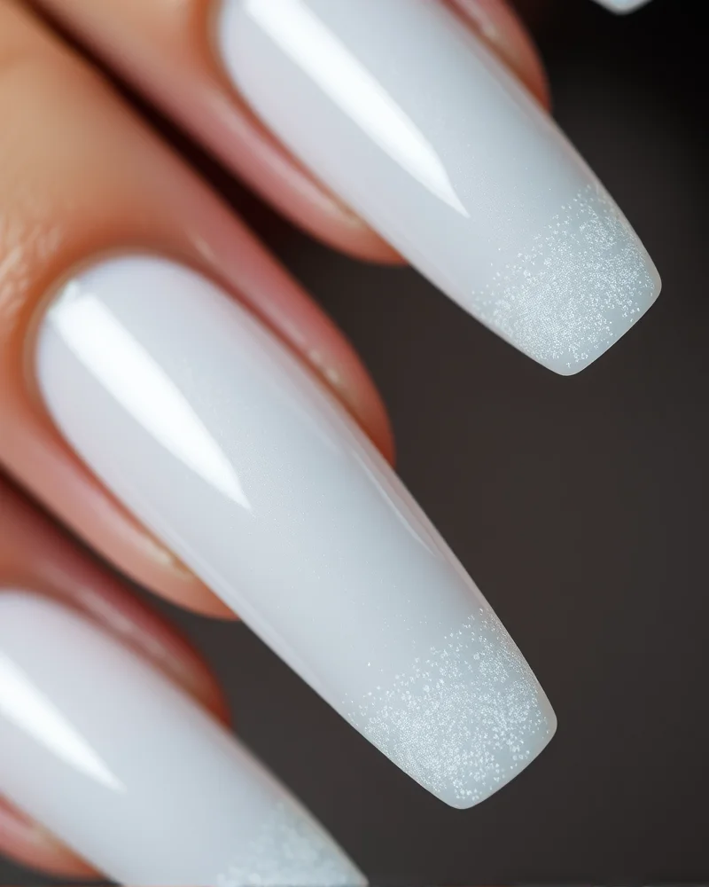Stiletto nails featuring a clear base with iridescent white pearl chrome tips, reflecting light in a luxury salon setting.