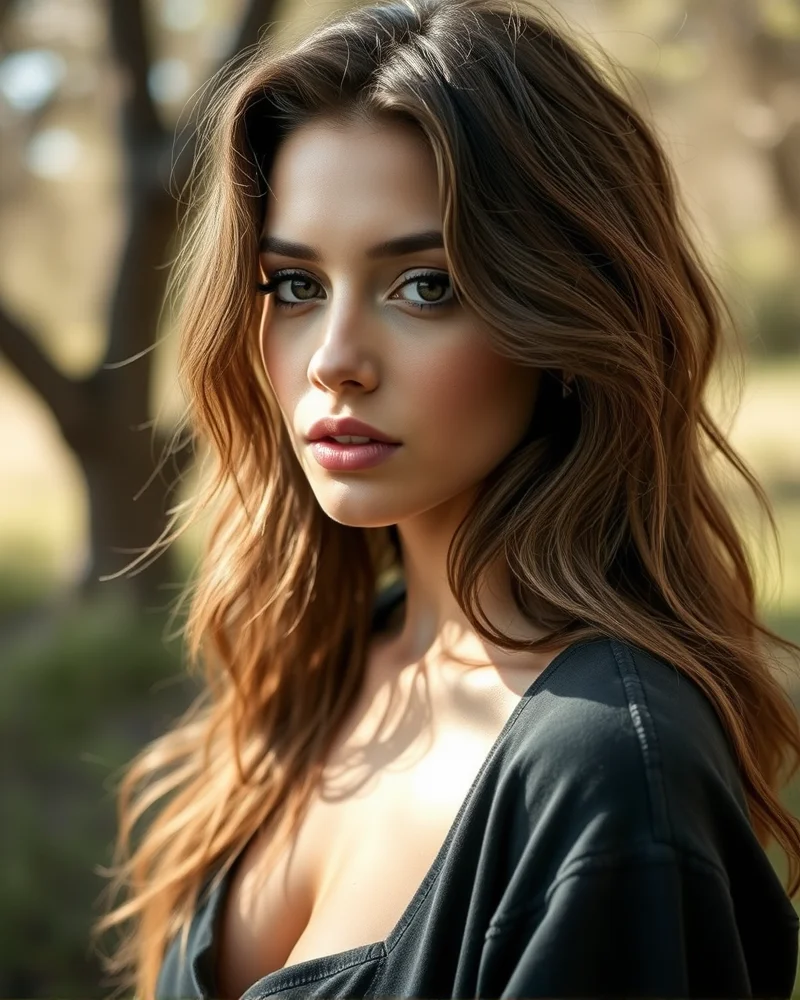 7 Viral Reasons Why Mushroom Brown Hair Is The Ultimate Fall Upgrade 3 A woman with long, voluminous waves dyed in a mushroom brown hue, standing in a soft, natural garden setting.