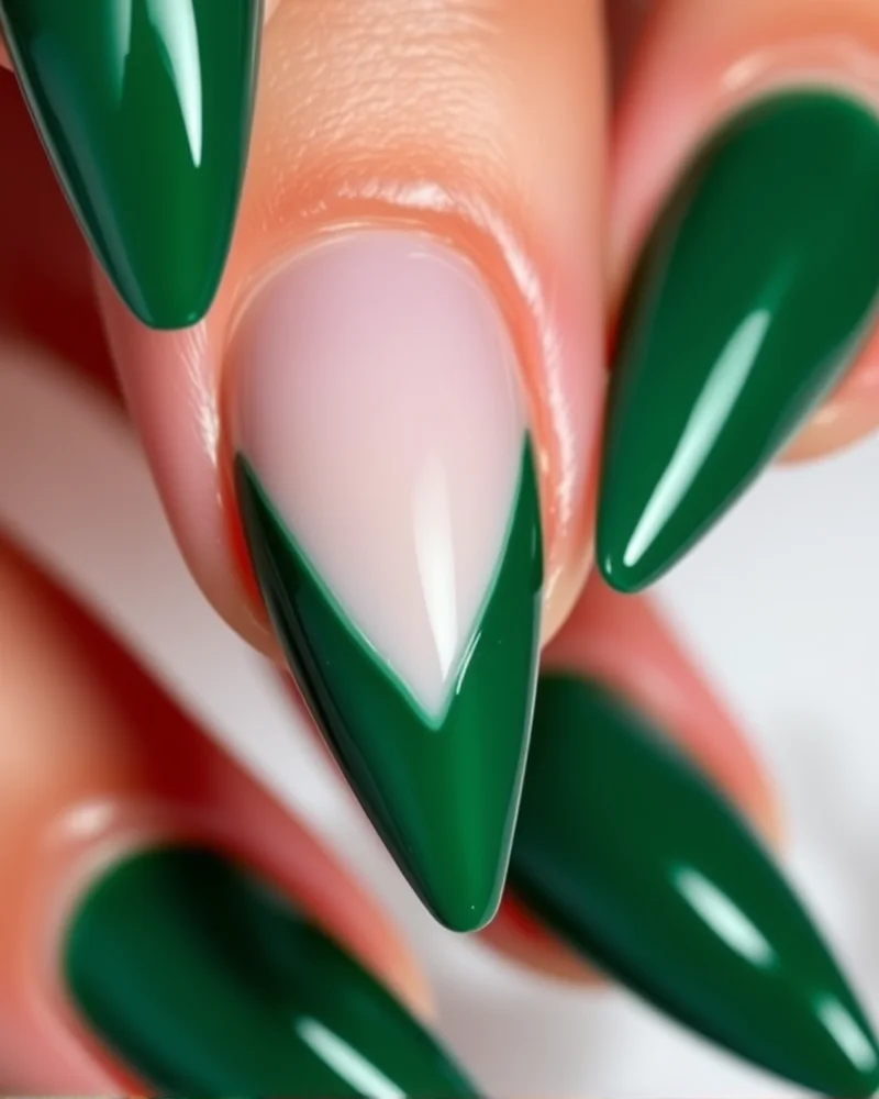 7 Viral Negative Space Nail Art Hacks You Need to Try 3 Long stiletto nails featuring a sharp negative space V-shape at the base, painted in deep emerald green for a lengthening effect.