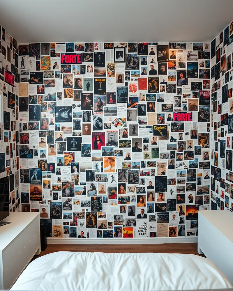 A bedroom wall featuring an dense, immersive collage of 2000s-era pop culture photos and posters, creating a high-energy visual focal point in the room.