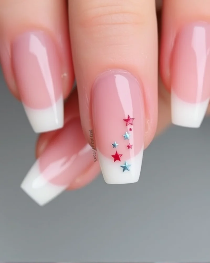 7 Viral 4th of July Nails French Tip Designs You Need to Try 3 Coffin-shaped nails with an elegant negative space design incorporating stars into a French-tip-inspired layout.