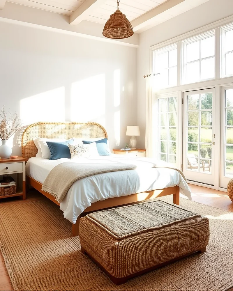 7 Dreamy Ways to Transform Your Bedroom into a Coastal Sanctuary 3 A bedroom space featuring a rattan headboard and organic, textured flooring that feels earthy and grounded.