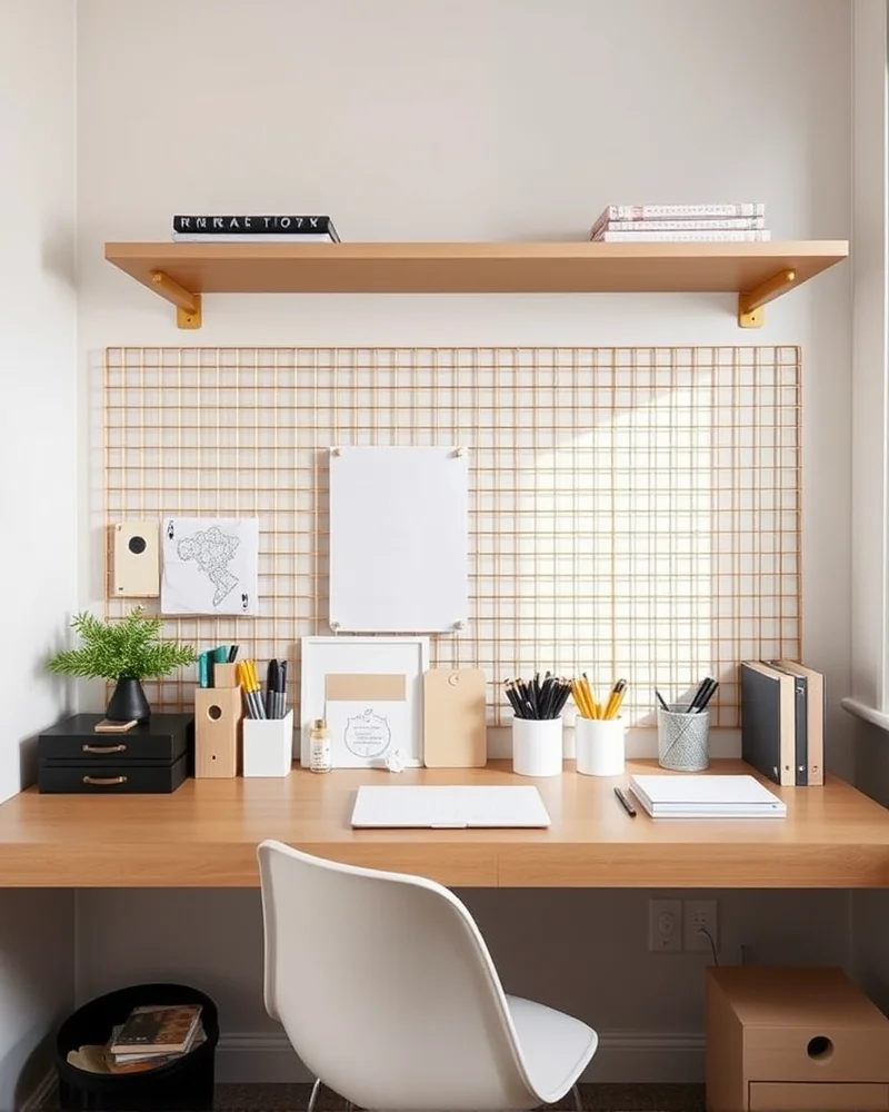 A highly organized dorm desk setup featuring wall grids and floating shelves, styled with neutral decor and minimalist stationery.