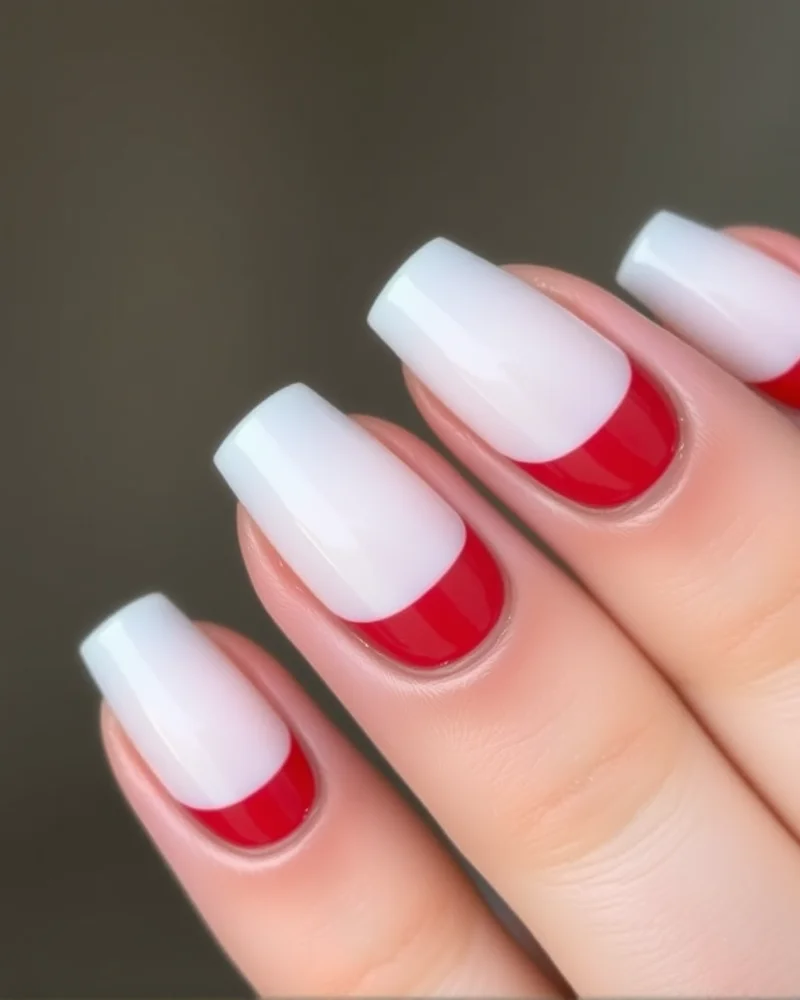 7 Viral 4th of July Nails Simple Ideas That Look Expensive 3 A pair of hands displaying almond-shaped nails with a dual-toned French tip in red and navy blue.
