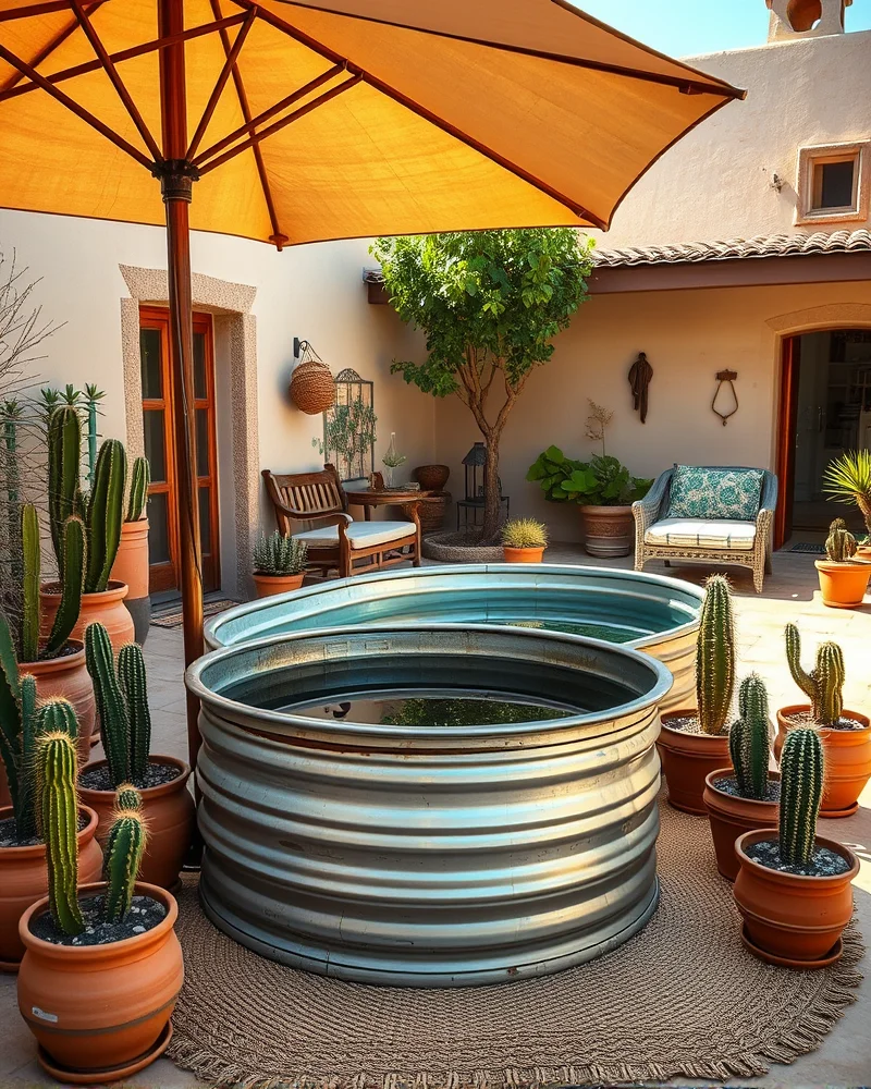 7 Viral Stock Tank Pool Ideas for a Luxe Backyard Oasis 3 A bohemian-inspired outdoor terrace featuring a galvanized pool decorated with warm, earthy tones, natural wood accents, and desert-inspired greenery.