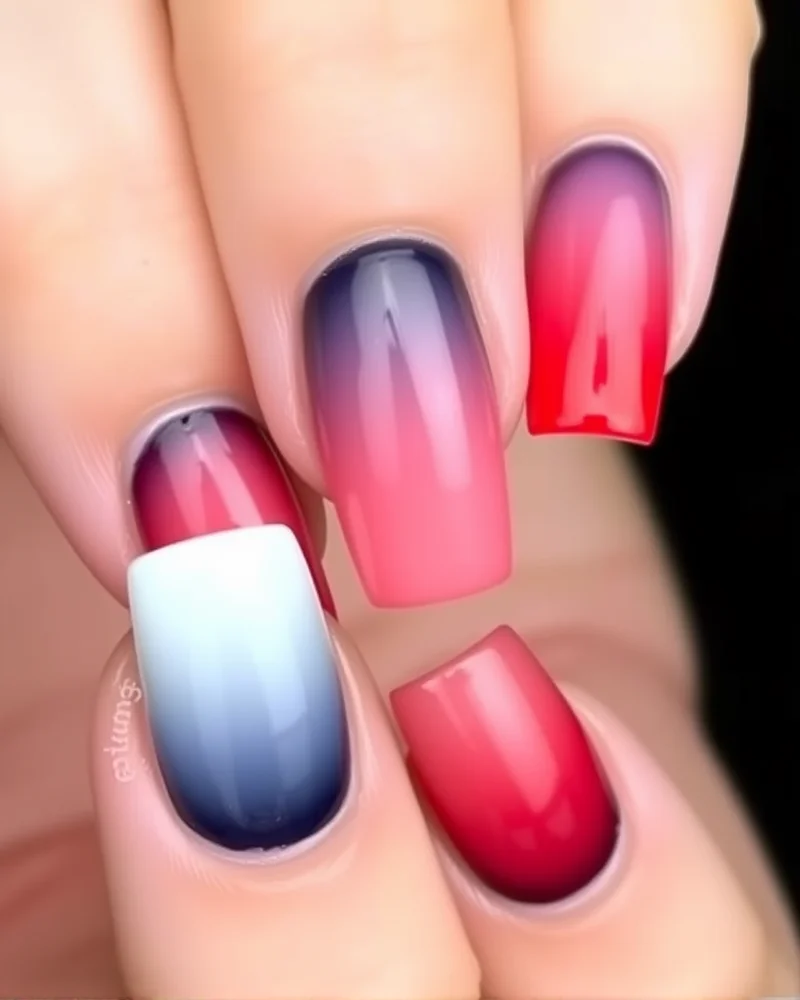 7 Viral Short Fourth of July Nails That Look Expensive 3 A close-up view of short square nails featuring a seamless vertical gradient of navy, white, and red, creating a sophisticated and blended look.