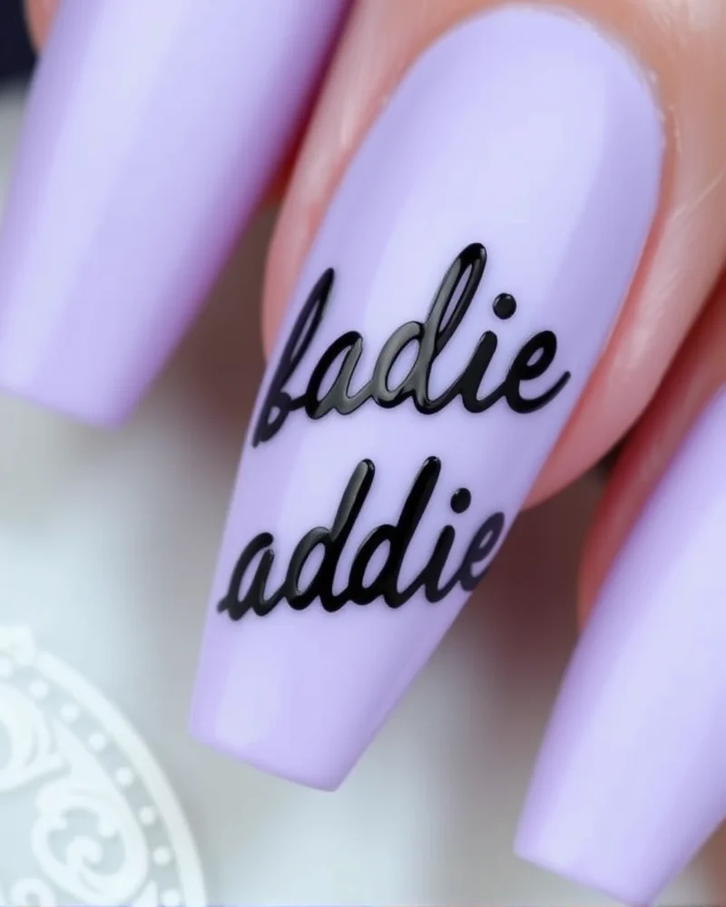 Long coffin-shaped nails featuring a matte lavender polish with glossy black cursive lettering as an accent.