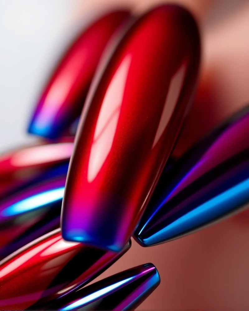Close-up of long, coffin-shaped nails featuring a high-shine chrome glaze in alternating shades of deep red and blue.