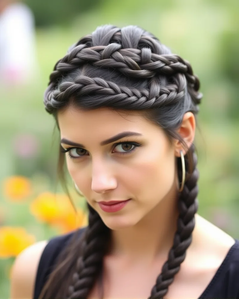 7 Fourth of July Hairstyles That Will Dominate Your Summer Feed 3 A close-up of an intricate Dutch braided crown style worn by a woman, showcasing the neat and firm structure of the hair.