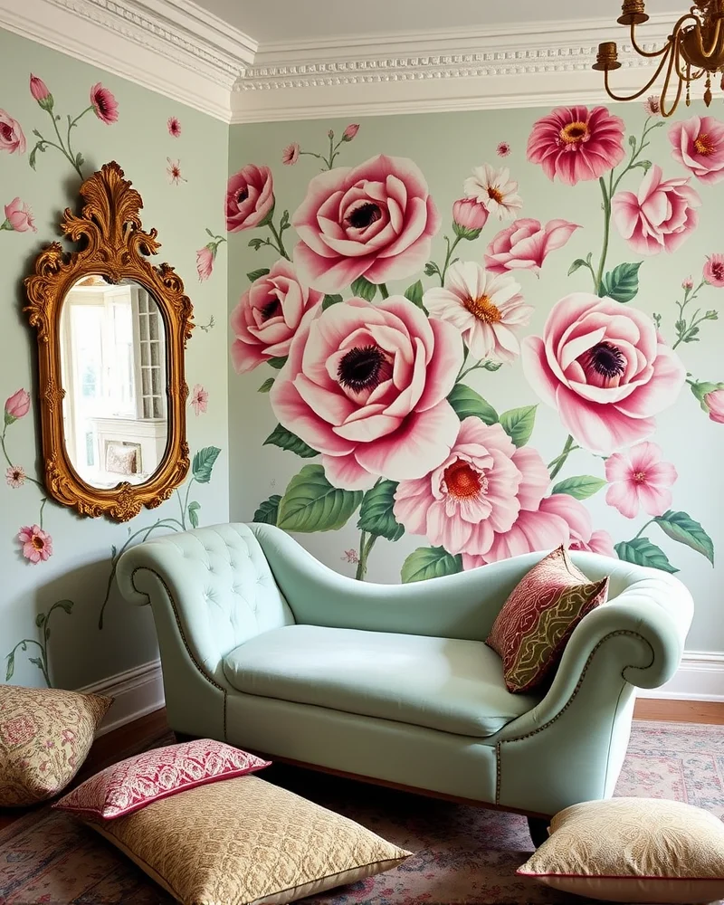 An artistic bedroom with an oversized, hand-painted floral wall mural that serves as a bold, whimsical focal point for the room.