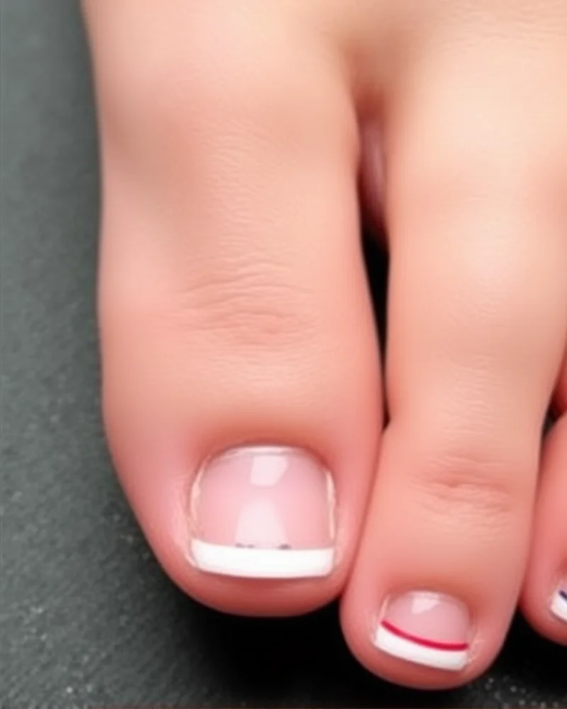 7 Stunning 4th of July Pedicure Ideas to Elevate Your Summer Style 3 A fresh pedicure showcasing a white base with double French tips in navy blue and bright red.
