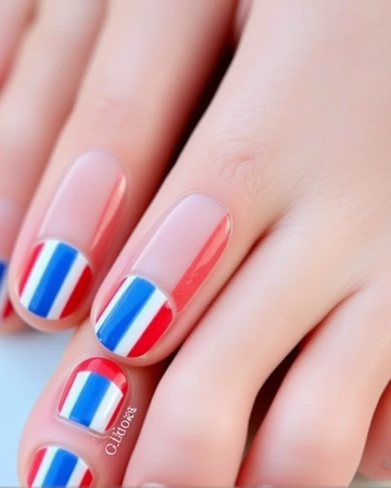 7 Patriotic Perfection: The Most Viral 4th of July Toenail Designs of the Season 3 Almond-shaped toenails with a classic French manicure base and patriotic red and blue striped tips.