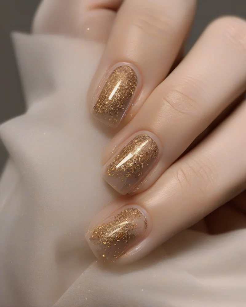 Clean, natural square nails with a sheer nude finish, adorned with delicate gold foil firework accents on the corners.