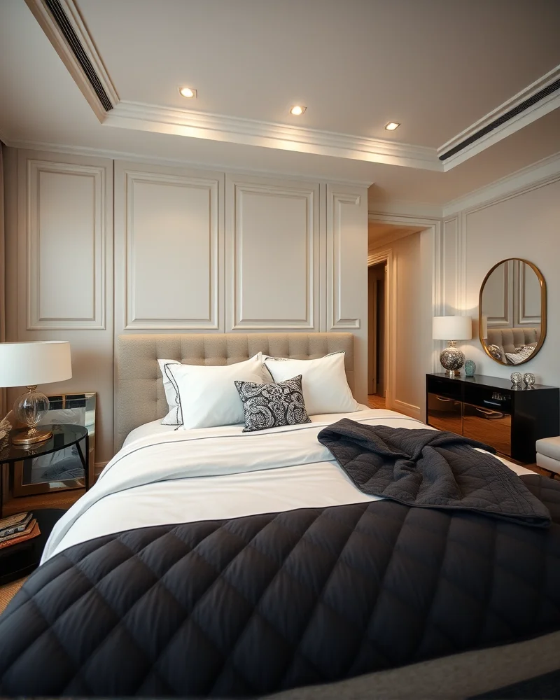 A sophisticated bedroom interior displaying a professional triple-layer bedding setup with a focus on the quilted coverlet at the base.