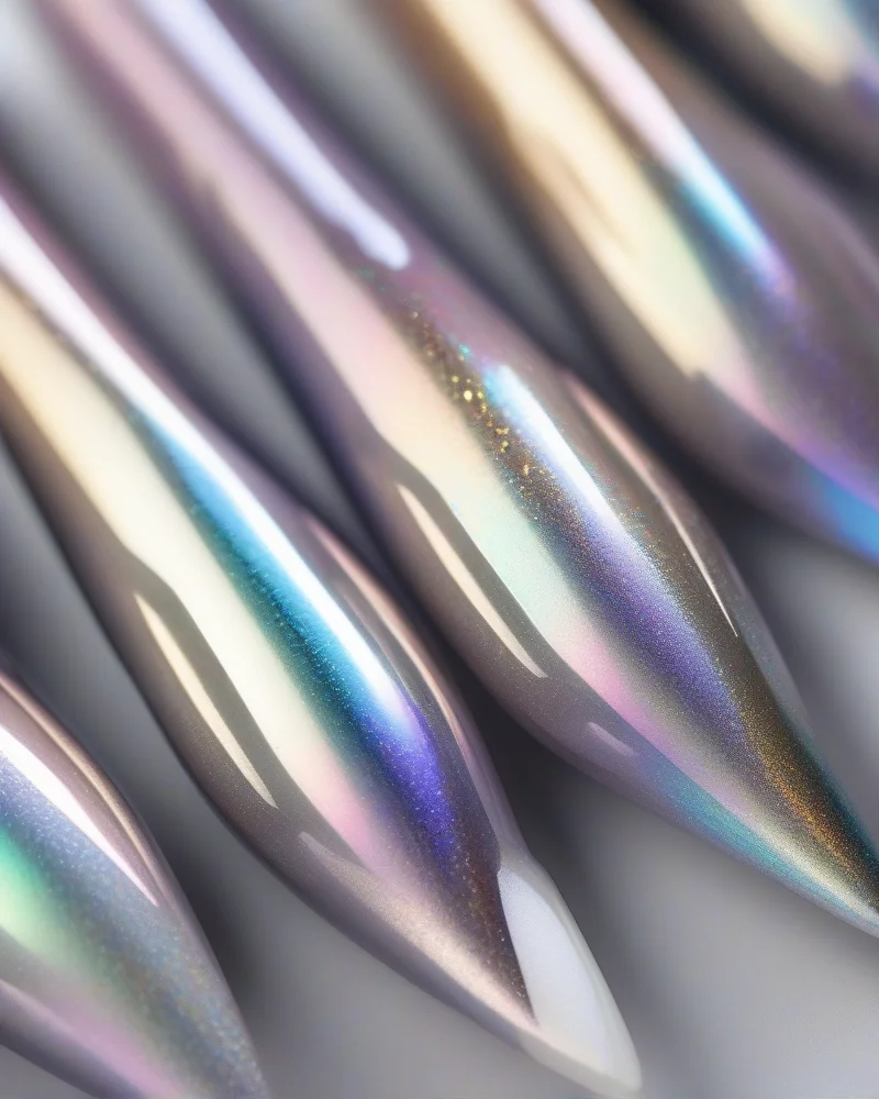7 July Nails Ideas That Are Taking Over Your Feed This Summer 3 Stiletto nails featuring a milky white base coated in a pearlescent chrome powder that creates a glazed, iridescent effect.