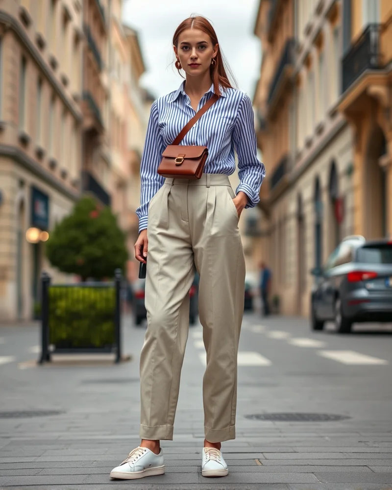 A woman walks down a city street wearing stylish linen trousers and a striped shirt, perfect for urban exploration.