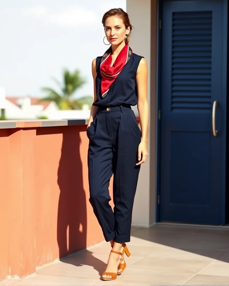 A woman styled in a chic navy linen jumpsuit, demonstrating how to dress up for a refined rooftop experience at the ballpark.