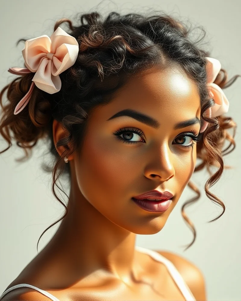 A woman with curly hair styled into messy space buns with delicate floral accessories, looking bright and cheerful.