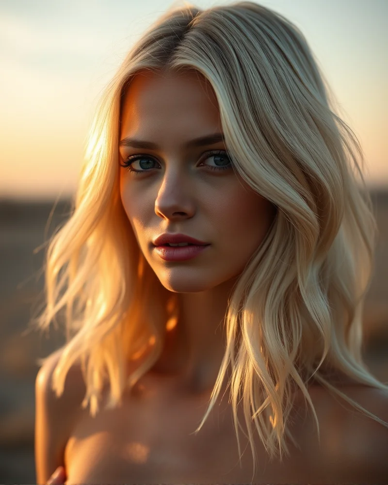 A model showing off long, wavy hair colored in a soft, buttery porcelain platinum blonde shade under warm lighting.