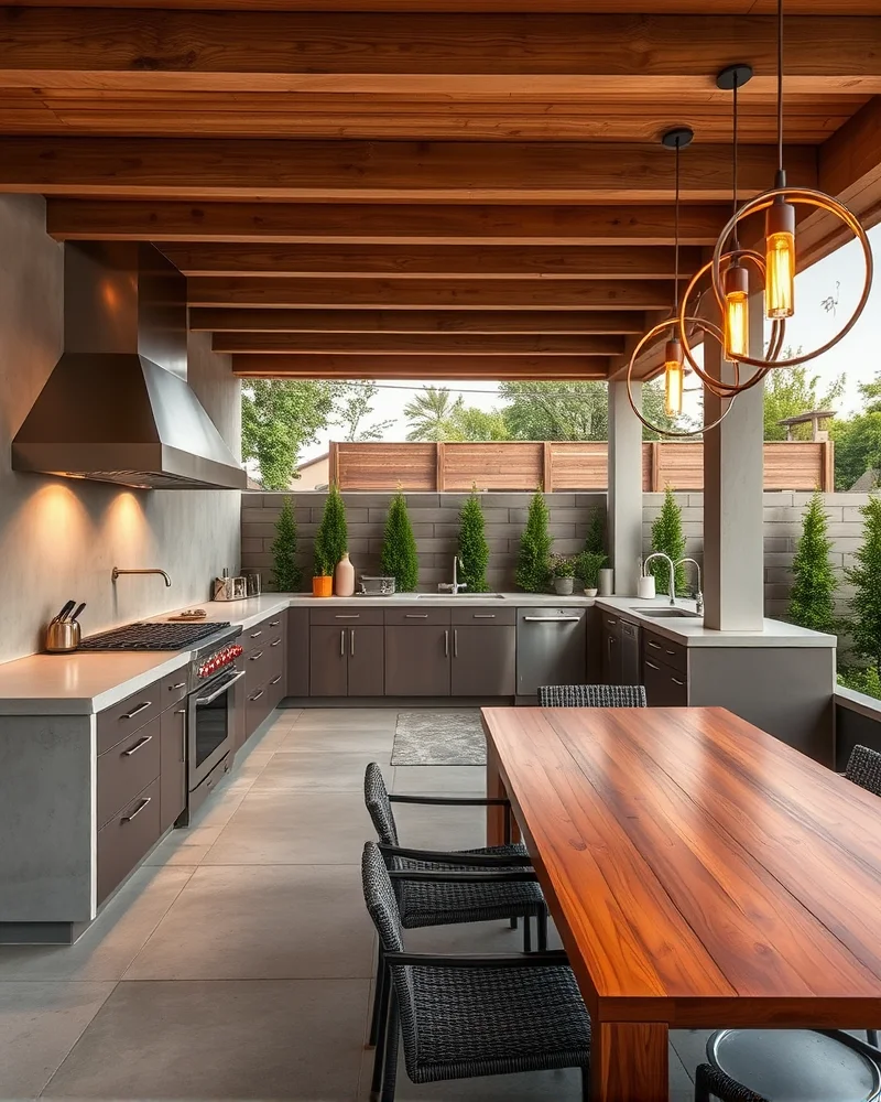 7 Viral Beach Hacks Kids Need for a Stress-Free Summer 4 A sleek outdoor kitchen featuring concrete counters and modern stainless steel appliances under warm ambient lighting.