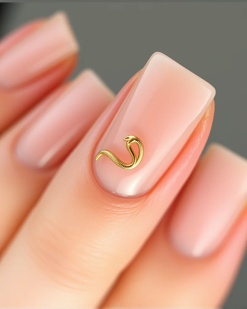 7 Sizzling Snake Nail Designs That Are Taking Over Your Feed 4 Short, square nails with a clean, natural nude polish and a single, tiny minimalist gold snake accent on the ring finger.