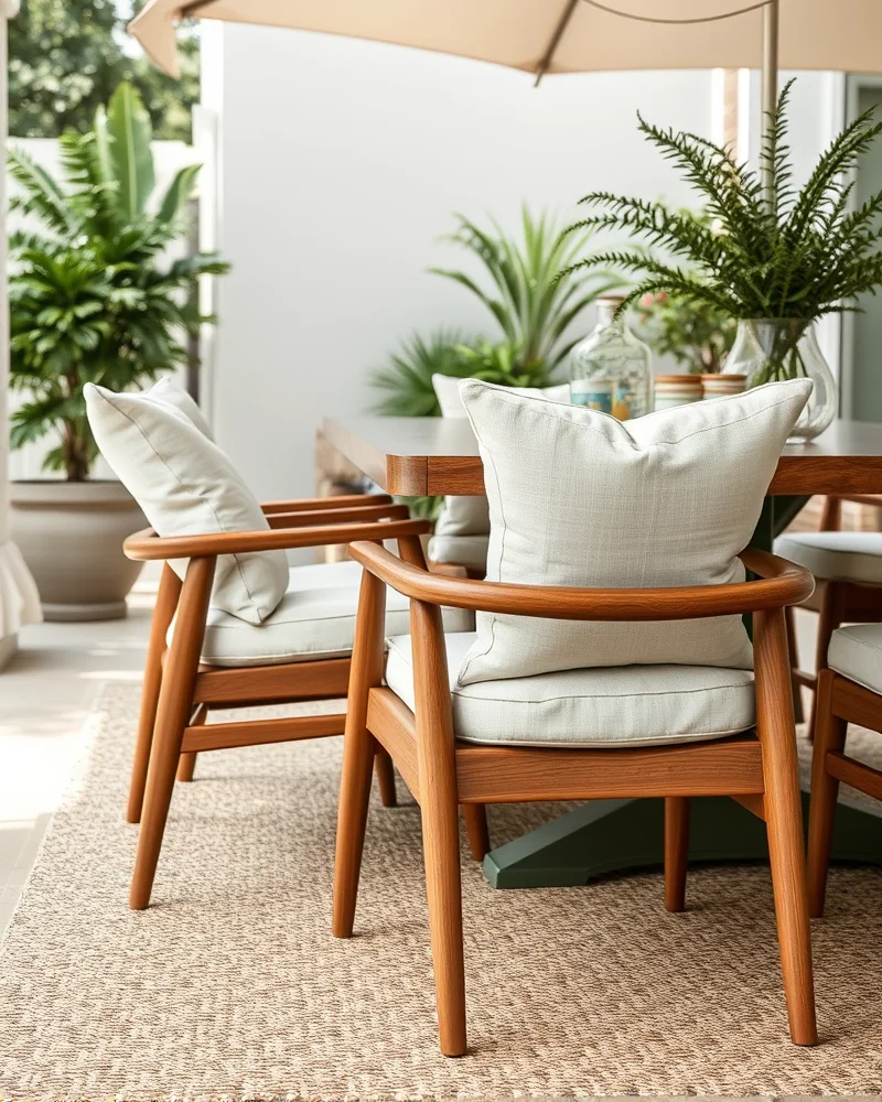 7 Viral Outdoor Dining Area Ideas to Elevate Your Backyard Oasis 4 A beautifully styled outdoor dining space featuring neutral-toned cushions, woven textures, and a rug that creates a cozy, indoor-like atmosphere.