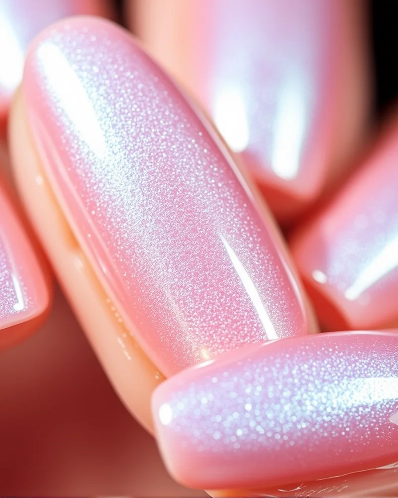 Short, almond-shaped nails with a glowing, iridescent chrome 'glazed' finish that catches the light beautifully.
