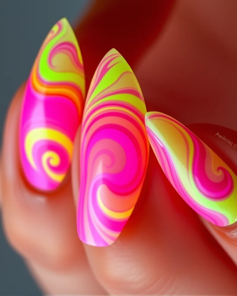 7 Viral Pucci Nails Trends You Need To Try This Season 4 Stiletto nails featuring high-contrast neon pink and electric lime green swirling patterns with a high-shine glossy finish.