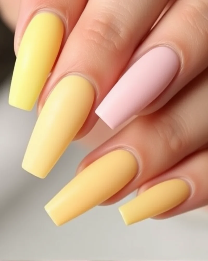 10 Dreamy Pastel Nail Designs You Need to Try This Season 4 Coffin-shaped nails featuring a luxurious matte, velvety finish with each finger showcasing a different pastel shade, creating a sophisticated rainbow effect.