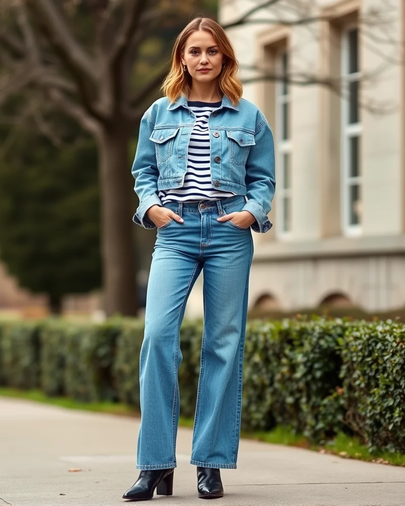 A woman rocking a modern light-wash denim-on-denim outfit with a striped top and stylish boots.