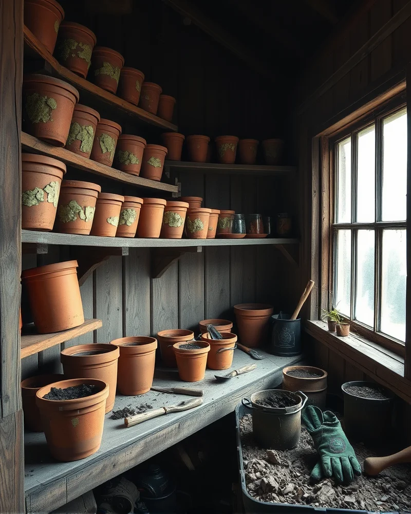 A rustic potting shed interior with shelves showcasing heavily aged, cracked terracotta pots covered in lichen and salt deposits.
