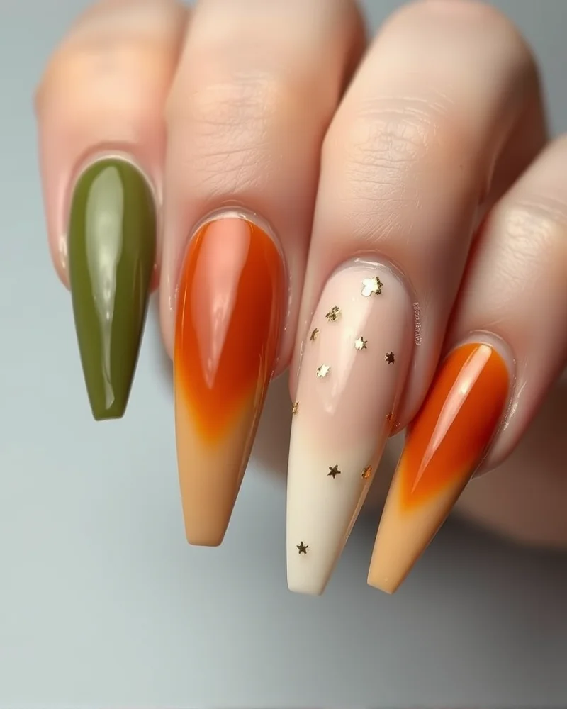 7 Dreamy Cottagecore Nail Designs That Will Define Your Aesthetic This Season 4 Stiletto nails featuring a gradient of moss green and terracotta with metallic gold leaf flecks.