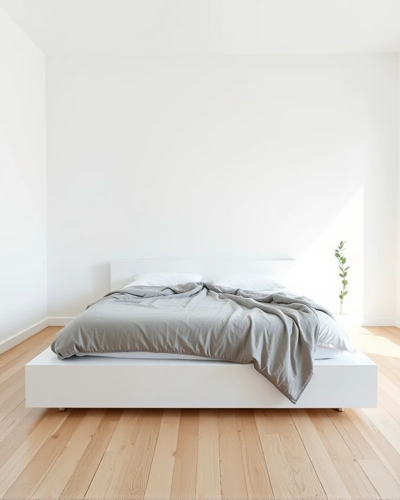 A minimalist bedroom with a sleek platform bed featuring a monochromatic weighted blanket that perfectly matches the clean decor.