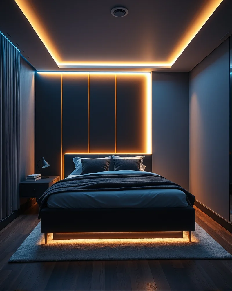 Modern bedroom with subtle LED strip lighting glowing from behind the headboard and under the bed frame.