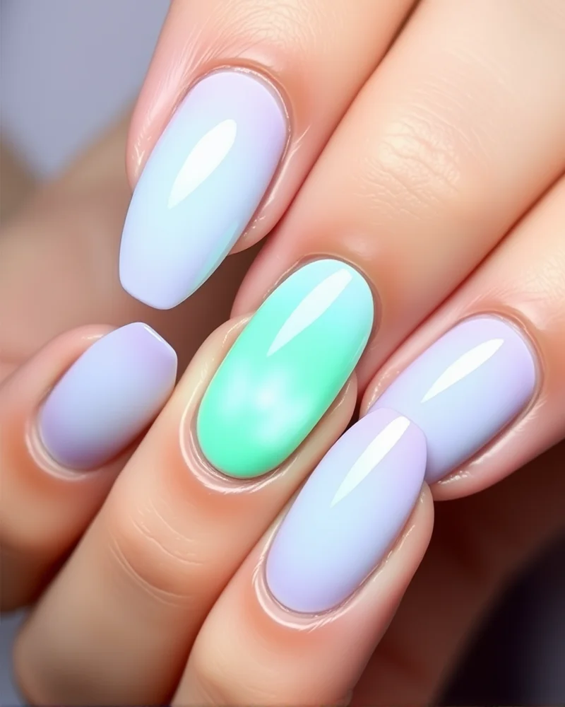 7 Viral Aura Nail Art Ideas That Will Elevate Your Manicure Game 4 Almond shaped nails painted with a light purple base and a contrasting mint green circular aura in the center.
