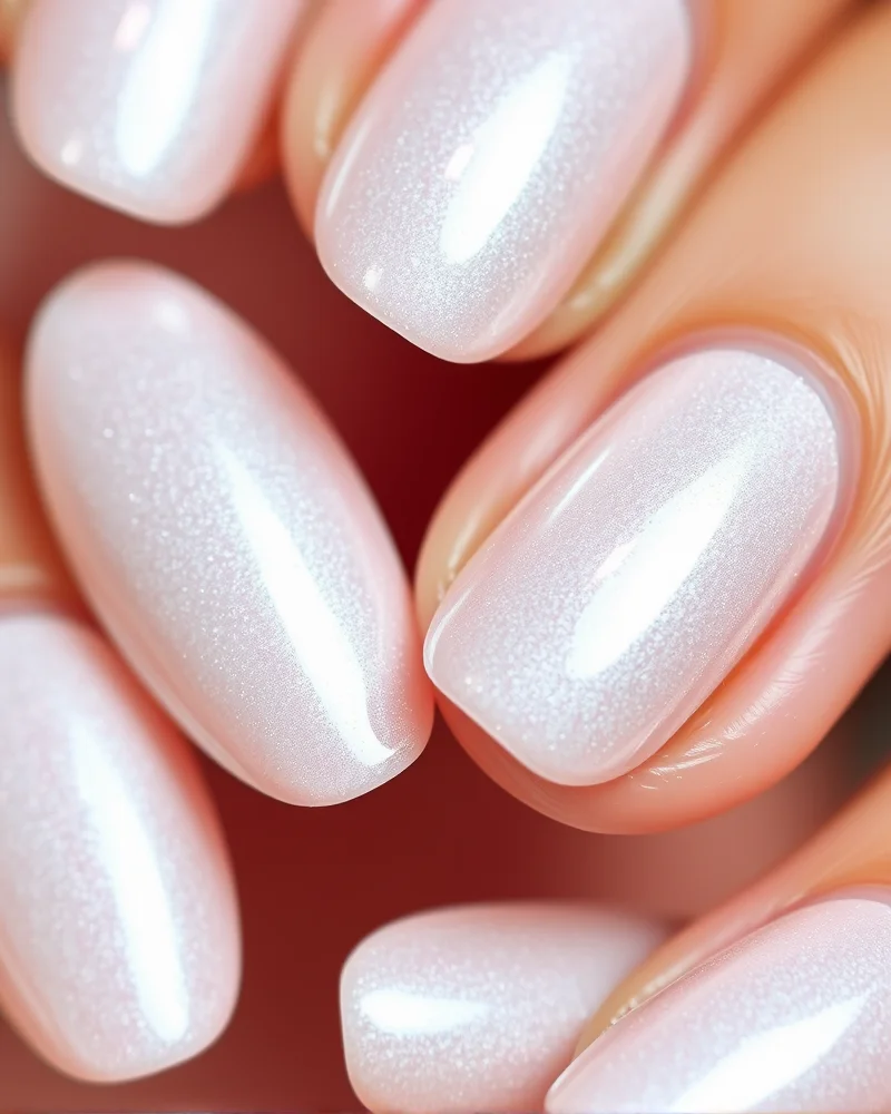 Almond-shaped nails with a sheer milky base and a high-shine, pearlescent chrome powder finish that mimics a glass-like glow.