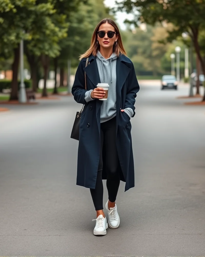 7 Viral Cold Weather Spring Outfits You Need to Copy Right Now 4 A woman confidently walking through a park wearing an oversized navy trench, hoodie, and athletic sneakers, creating a relaxed, sporty transitional look.