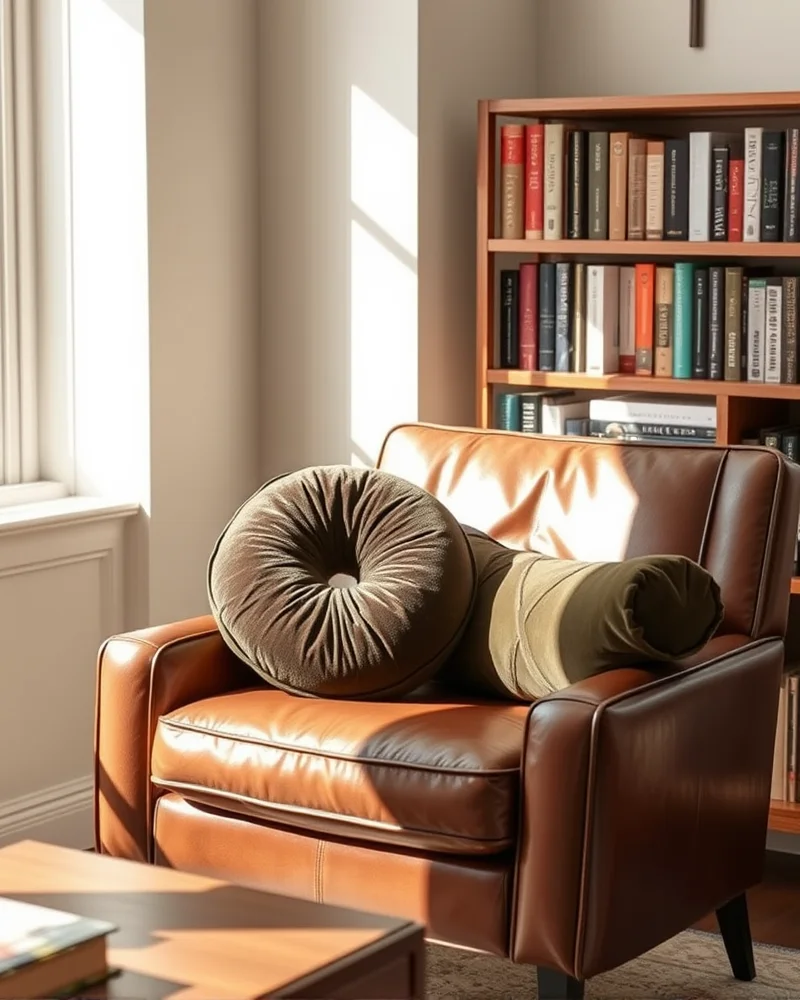 7 Viral Throw Pillow Combinations to Instantly Elevate Your Living Room 4 An olive green bolster cushion and a round velvet pillow sitting on a brown leather armchair in a cozy, sunlit reading nook.