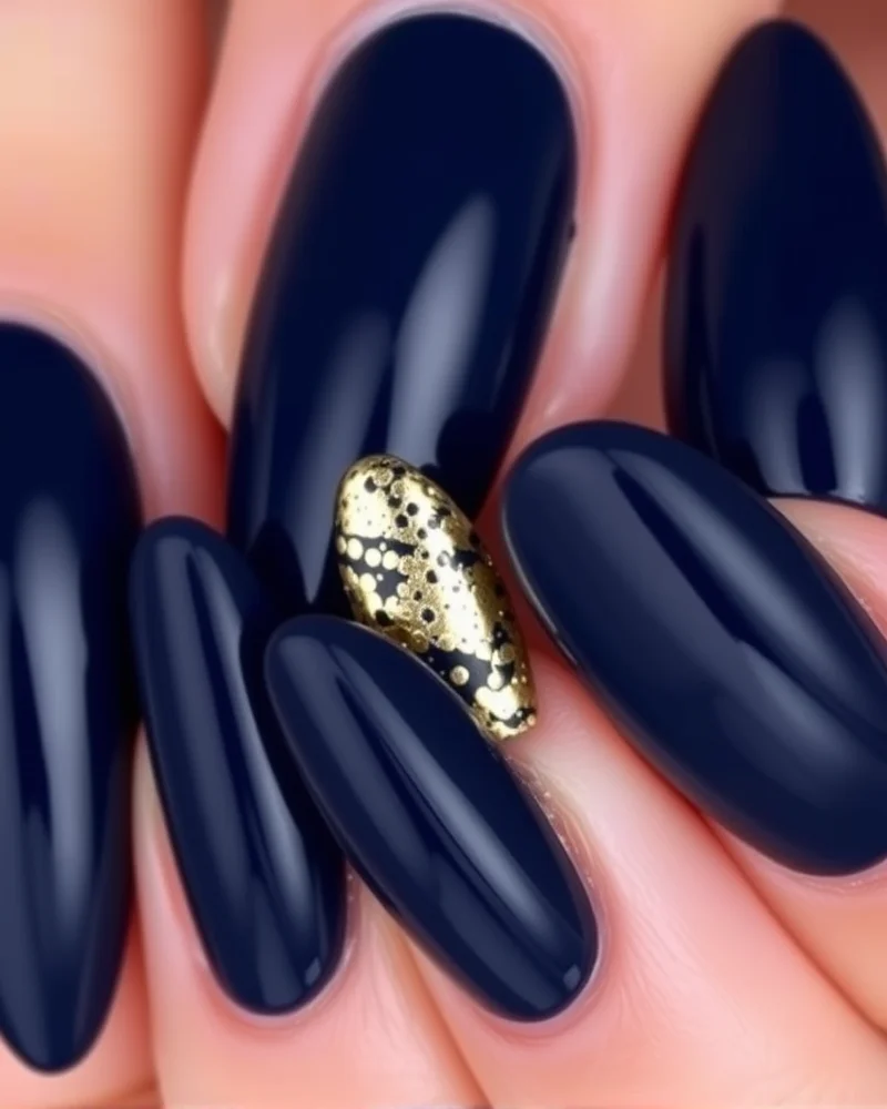 Deep navy blue almond-shaped nails with elegant gold leaf accents on one finger, suggesting a sophisticated, high-end look.