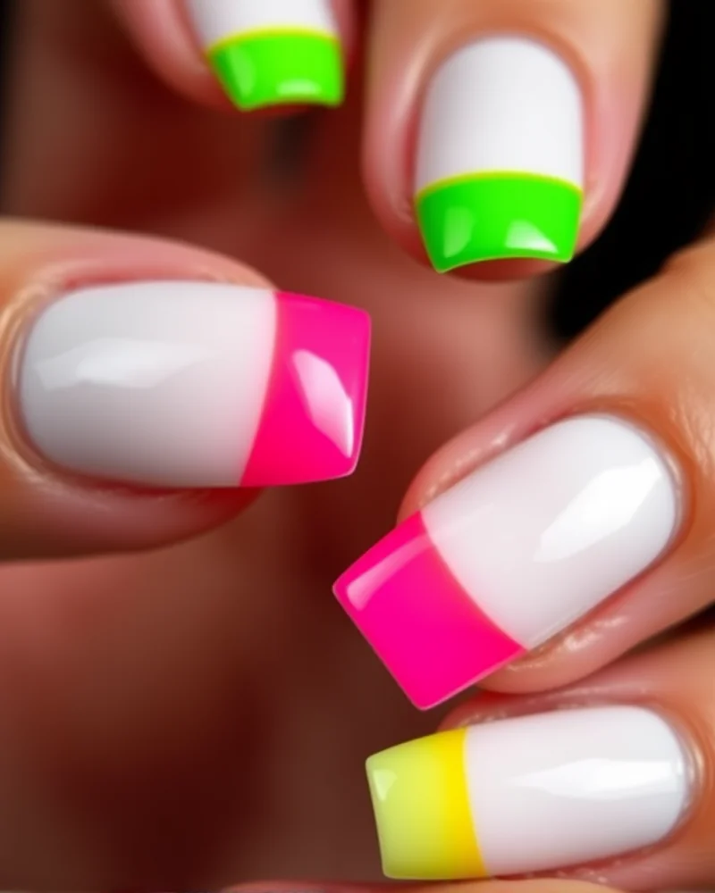 Square nails featuring a clean white base with vivid, neon-colored French tips in a glossy, high-shine finish.