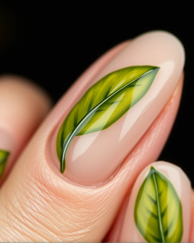 Minimalist almond nails featuring a sheer nude polish with delicate, hand-painted botanical green leaf art.