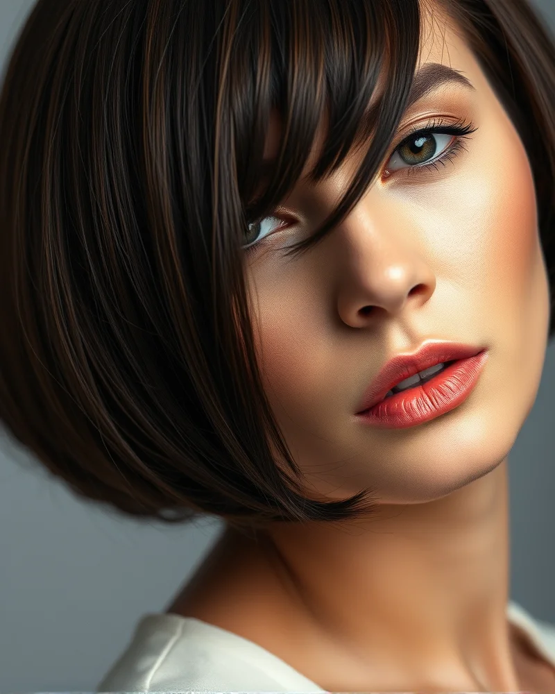 7 Viral Reasons Why Mushroom Brown Hair Is The Ultimate Fall Upgrade 4 A woman sporting a sharp, chin-length bob in a mushroom brown color, with subtle ash highlights that pop under studio lighting.