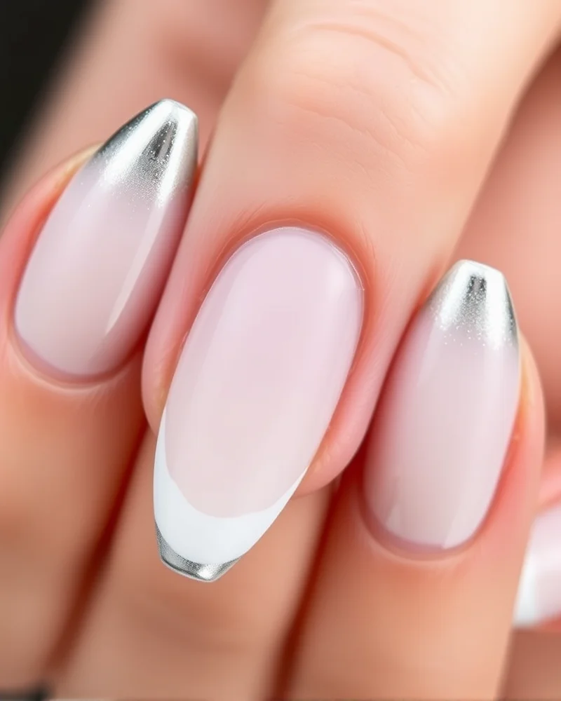 7 Viral Negative Space Nail Art Hacks You Need to Try 4 Almond-shaped nails showcasing a 'floating' French tip design with a clear negative space gap, rendered in polished silver chrome.