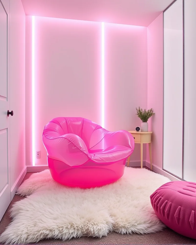 A stylish, translucent pink inflatable chair sitting on a fluffy rug, embodying the fun, playful furniture trends of the early 2000s in a modern room.