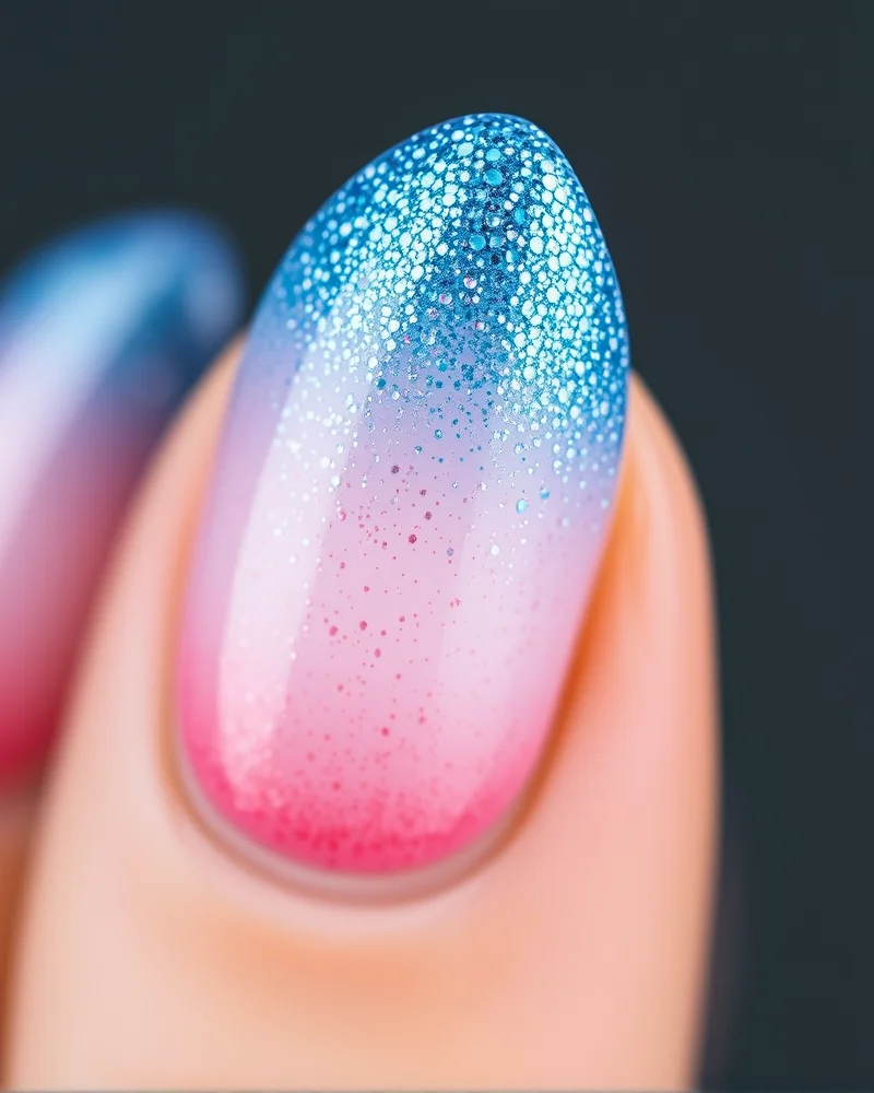 7 Viral 4th of July Nails French Tip Designs You Need to Try 4 Almond-shaped nails with a subtle ombre glitter French tip design, featuring a smooth transition of red and blue hues.