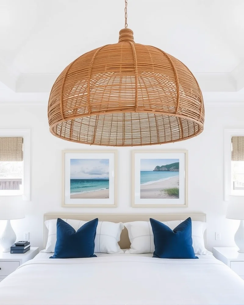 7 Dreamy Ways to Transform Your Bedroom into a Coastal Sanctuary 4 A bright bedroom with a large, woven pendant light fixture providing a focal point over the bed.