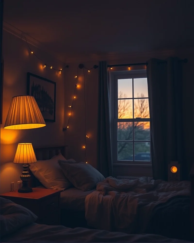 A moody, atmospheric dorm room interior lit by warm bedside lamps and soft string lights, creating a cozy evening vibe.