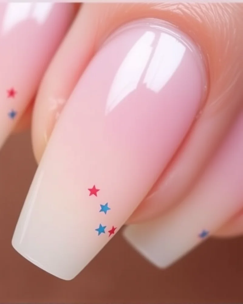 7 Viral 4th of July Nails Simple Ideas That Look Expensive 4 Coffin-shaped nails featuring dainty red and blue star outlines positioned near the cuticle on a nude base.