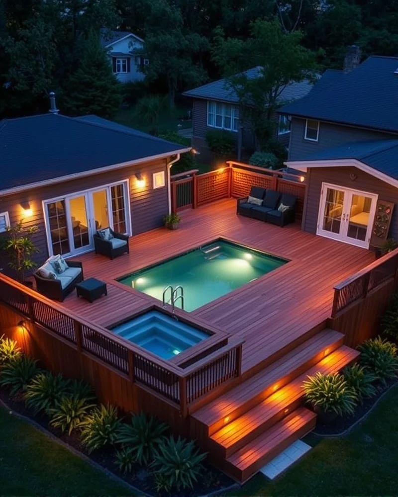7 Viral Stock Tank Pool Ideas for a Luxe Backyard Oasis 4 A custom wooden deck built around a circular stock tank pool, creating a seamless transition between the pool edge and the deck floor.